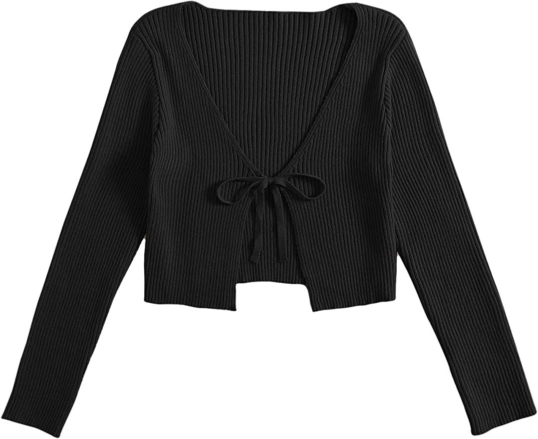 Floerns Women's Tie Front Long Sleeve Rib Knit Cardigan Crop Top Black M | Amazon (US)