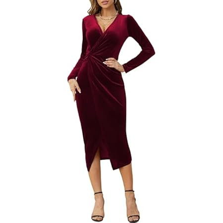 CYiNu Women's V Neck Wrap Velvet Long Sleeve Elegant Bodycon Ruched Cocktail Party Maxi Dress | Amazon (US)