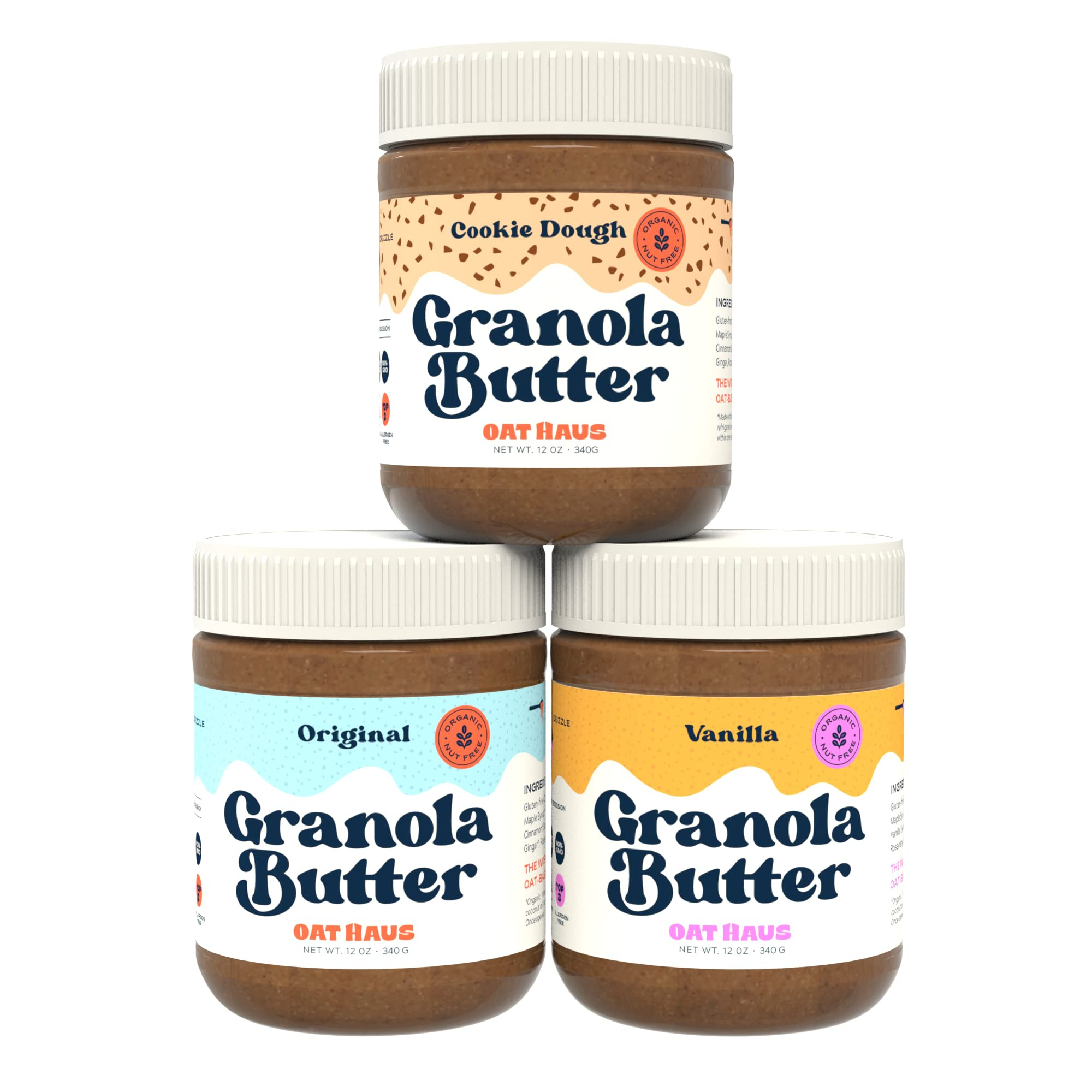Oat Haus Organic Variety Granola Butter | Original, Vanilla, Cookie Dough | Peanut-free, Almond (Tree-Nut) Free, & School-Safe | Sunflower Seed & Cookie Butter Alternative | 12 oz (Pack of 3) | Amazon (US)