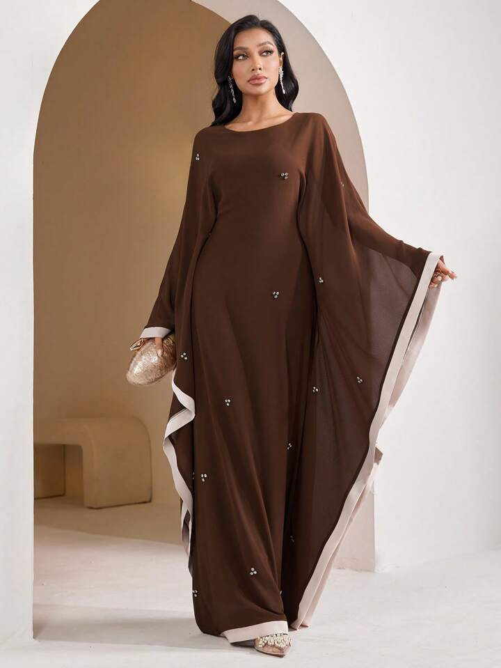 Veilorie Women's Solid Color Patchwork Round Neck Long Sleeve Elegant Dress | SHEIN