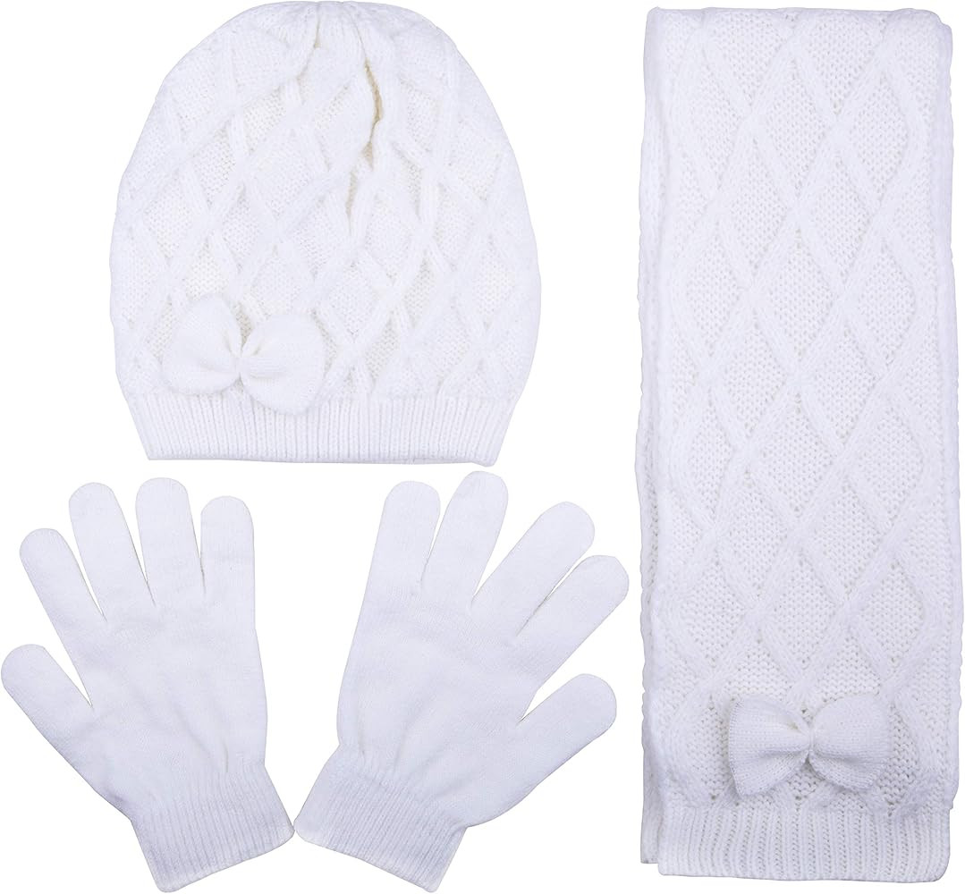 Kids Criss Cross Knit Winter Hat with Bow, Scarf and Glove Set for Girls | Amazon (US)