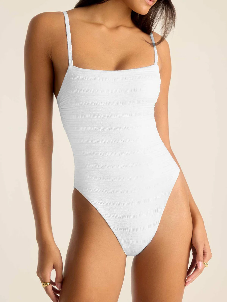 Jenna High Leg One Piece - White Seersucker Stripe | Vitamin A