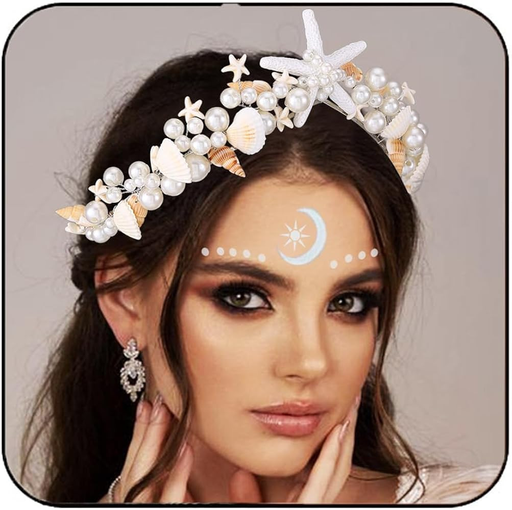 BARTOSI Mermaid Crown Starfish Tiara Pearl Shell Bride Wedding Headband Costume Hair Accessories ... | Amazon (US)