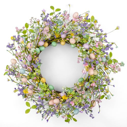 J'FLORU Artificial Easter Wreath 22 Inch Easter Wreaths for Front Door Colorful Egg Wreath with Flowers Green Leaves for Door Wall Porch Farmhouse Decor | Amazon (US)