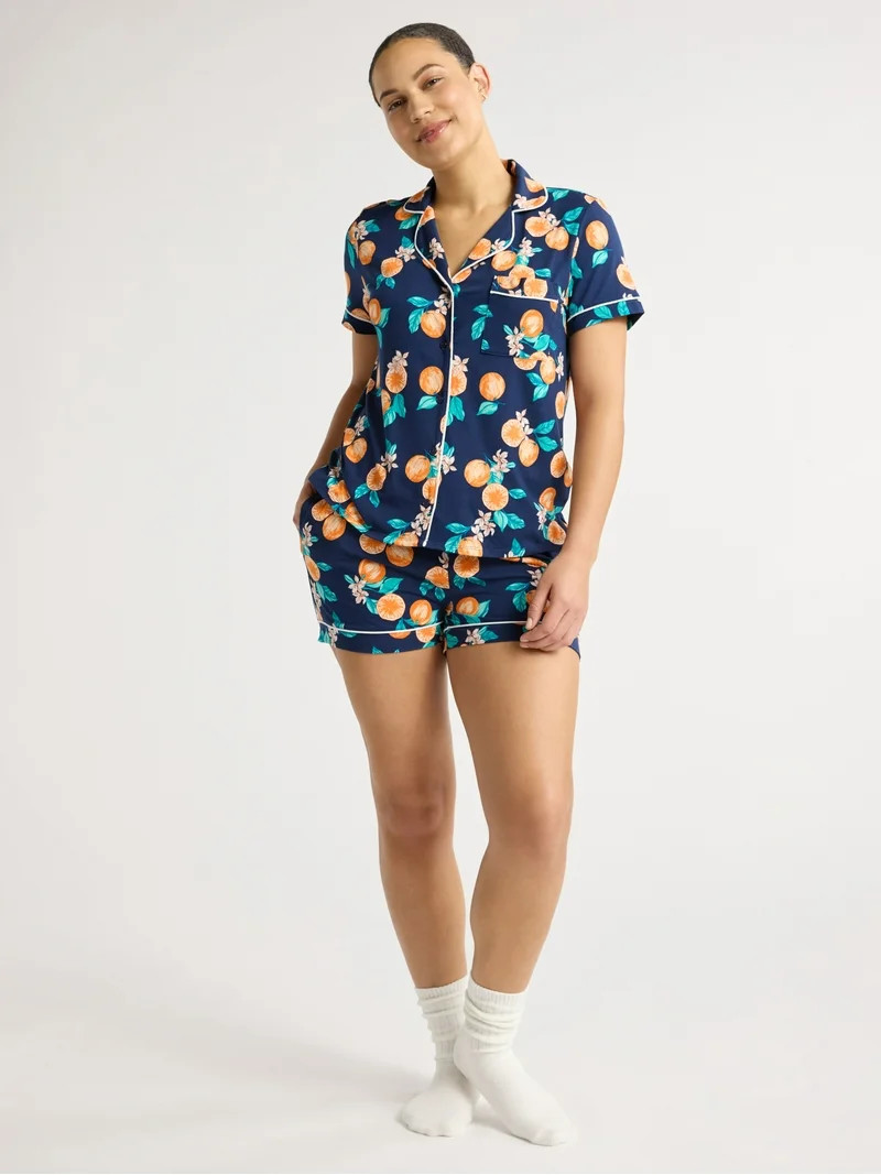 Joyspun Women’s Dreamy Soft Collection Short Sleeve Knit Notch Collar Top and Shorts Pajama Set... | Walmart (US)