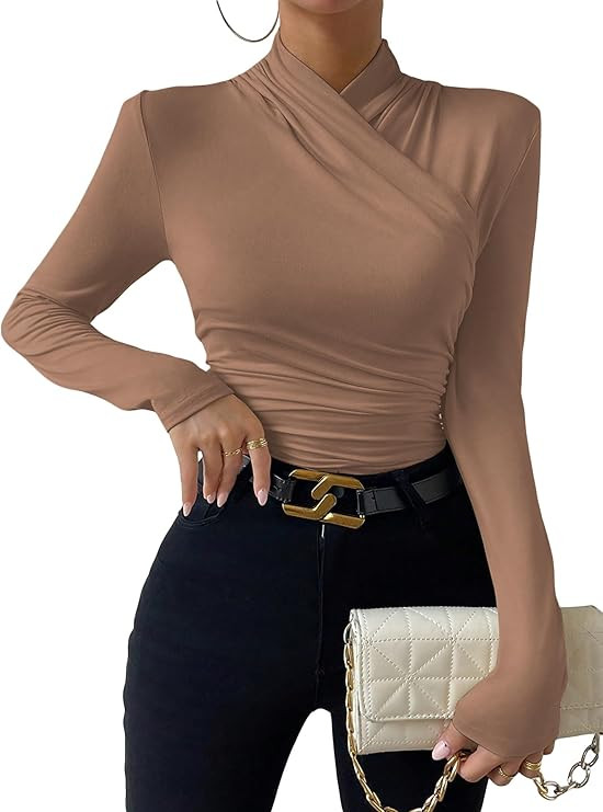 SweatyRocks Women's Ruched Mock Neck Long Sleeve T Shirt Solid Slim Fitted Tee Tops | Amazon (US)