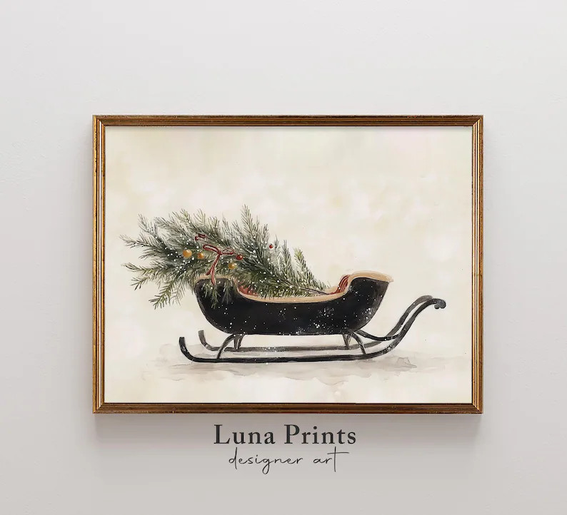 Holiday Art, Sleigh Print, Printable Christmas Art Wall Decor, Winter Holiday Painting 10-355 - E... | Etsy (US)