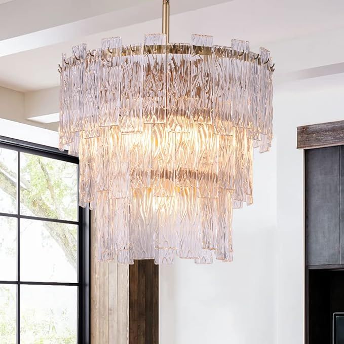 Wellmet Modern Glass Chandelier 20", Gold Farmhouse Chandeliers for Dining Rooms, Round Hanging L... | Amazon (US)