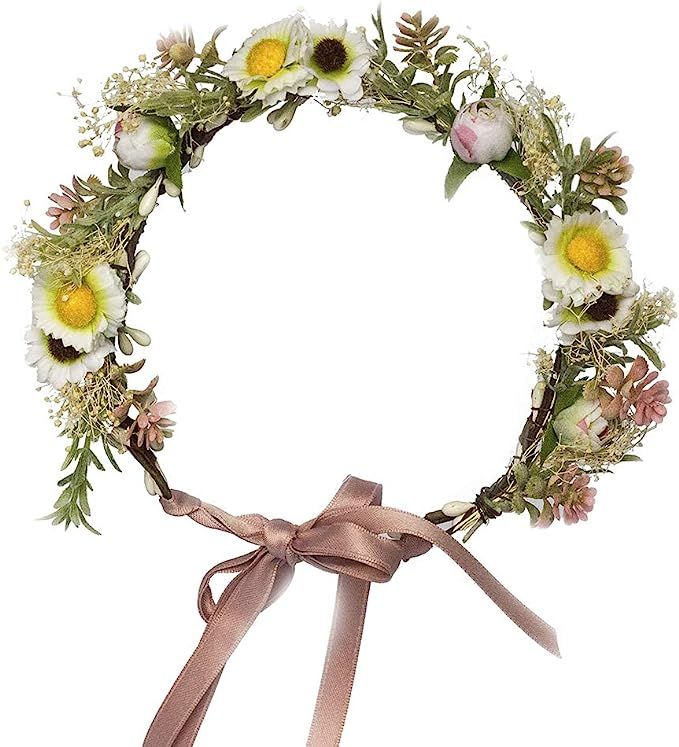 Vivivalue Boho Flower Crown Hair Wreath Halo Floral Garland Headband Headpiece with Ribbon Festiv... | Amazon (US)