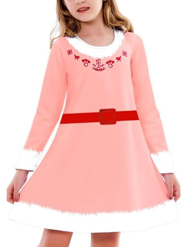 Christmas Dress for Girl Christmas Santa Pink Aline Dress Festival Long Sleeve Xmas Outfits 13-14 Years | Amazon (US)
