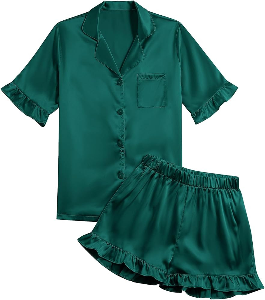 Umenlele Women's Satin Silky Collar V Neck Ruffle Short Sleeve Top and Shorts Sleepwear PJs Pajam... | Amazon (US)
