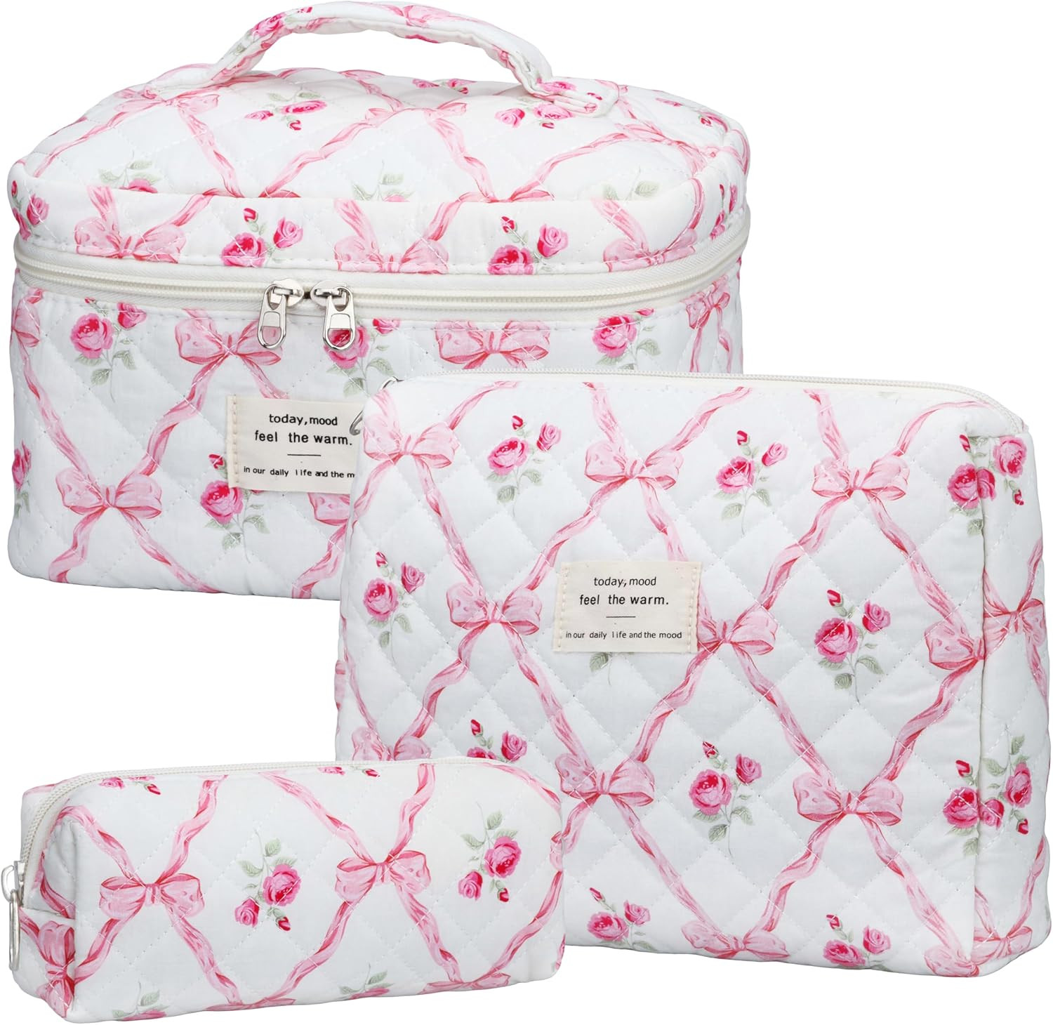 Quilted Makeup Bag Set - 3 PCS Cute Floral Cotton Makeup Bag, Large Coquette Aesthetic Make up Co... | Amazon (US)