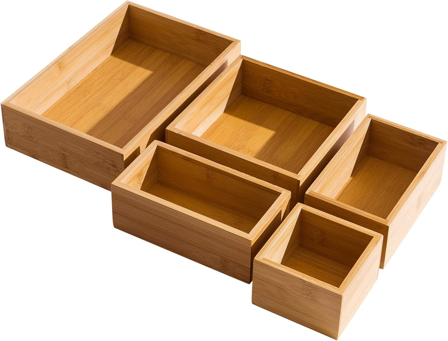 5 Piece Bamboo Drawer Organizer Set, Luxury Wooden Desk Storage Box Kit, Multi-use Junk Drawer Or... | Amazon (US)