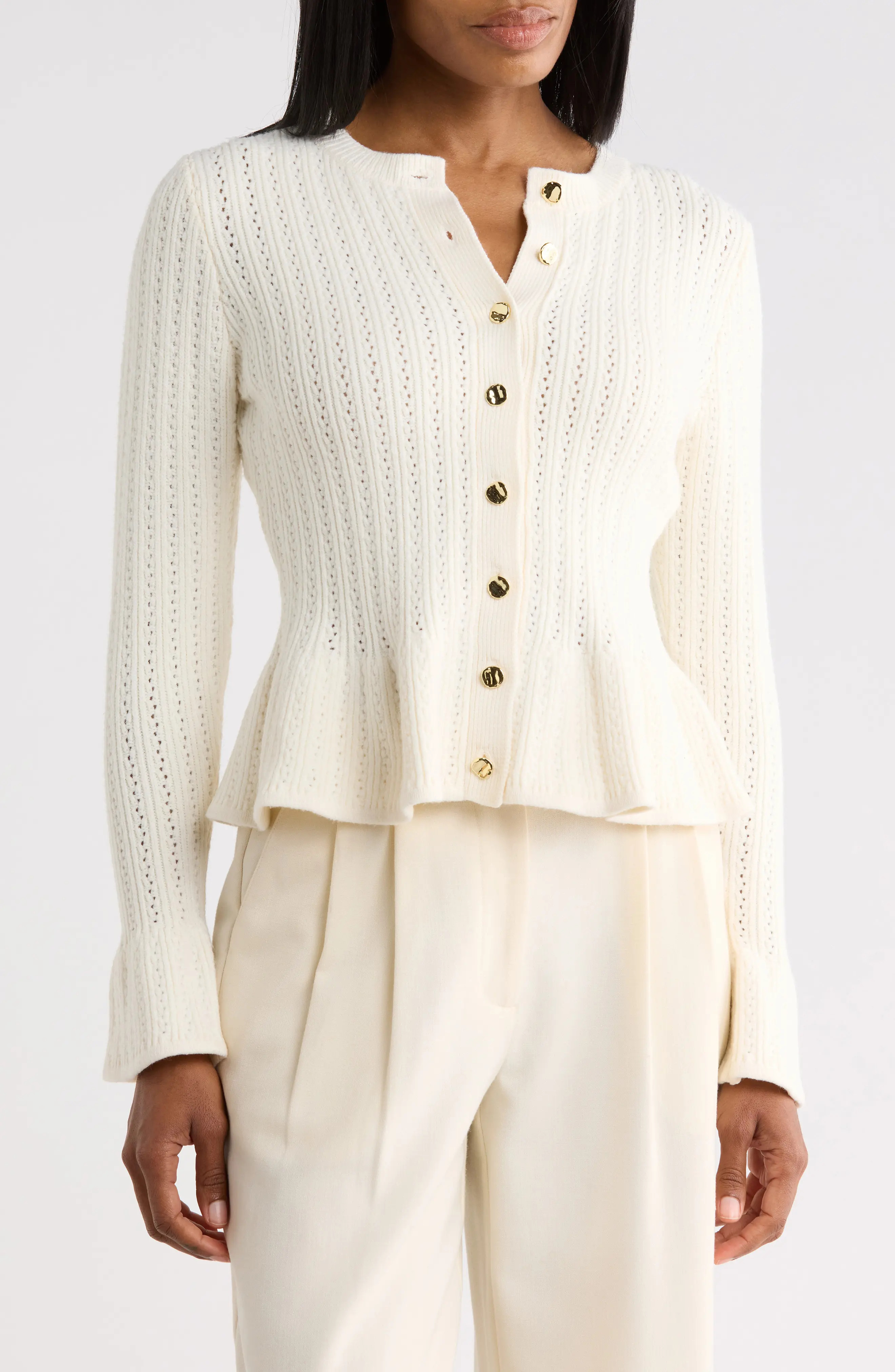 Adrianna Papell Peplum Cardigan in Black at Nordstrom Rack, Size Medium | Nordstrom Rack