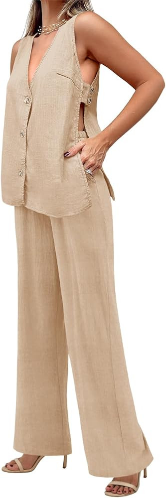 Tankaneo Womens 2 Piece Linen Sets Summer Outfits Sleeveless V Neck Botton Down Tank Tops and Pan... | Amazon (US)