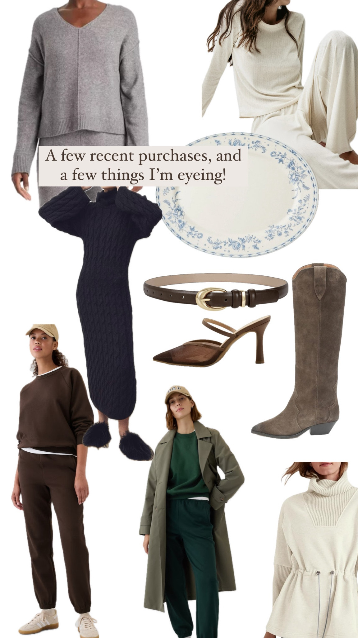 A few recent purchases and a few things I’m eyeing!! This sweatshirt and jogger set is the best!!! Love it. Winter uniform and on sales 
Cutest boots.
I’ve been looking for the perfect brown color belt and this is it and under $20! 
I ordered the black cable knit dress and can’t wait. 
Pointelle pajamas that look and feel luxe for a steal! 
Cutest melamine platter. I can never pass up blue and white. 
Sweater set is another winter staple.  

#LTKShoeCrush #LTKFindsUnder50 #LTKSeasonal