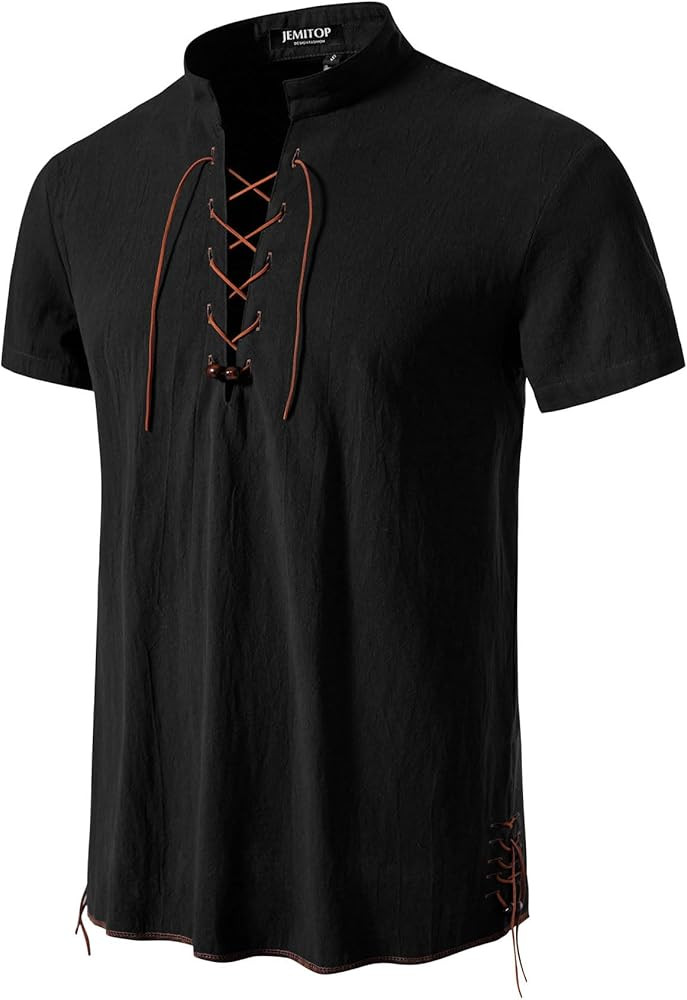 JEMITOP Men's Pure Cotton Vintage Short Sleeve Lace Up Shirts for Renaissance Pirate Viking Medie... | Amazon (US)