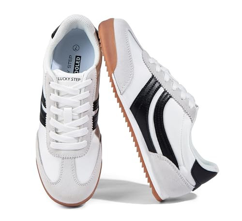 LUCKY STEP Women's Fashion Sneakers Thin Sole Lace up Tennis Shoes Lightweight Walking Running Gym Workout Classic Retro Footwear Anti Slip Trainers(White/Black,8.5 B(M) US) | Amazon (US)