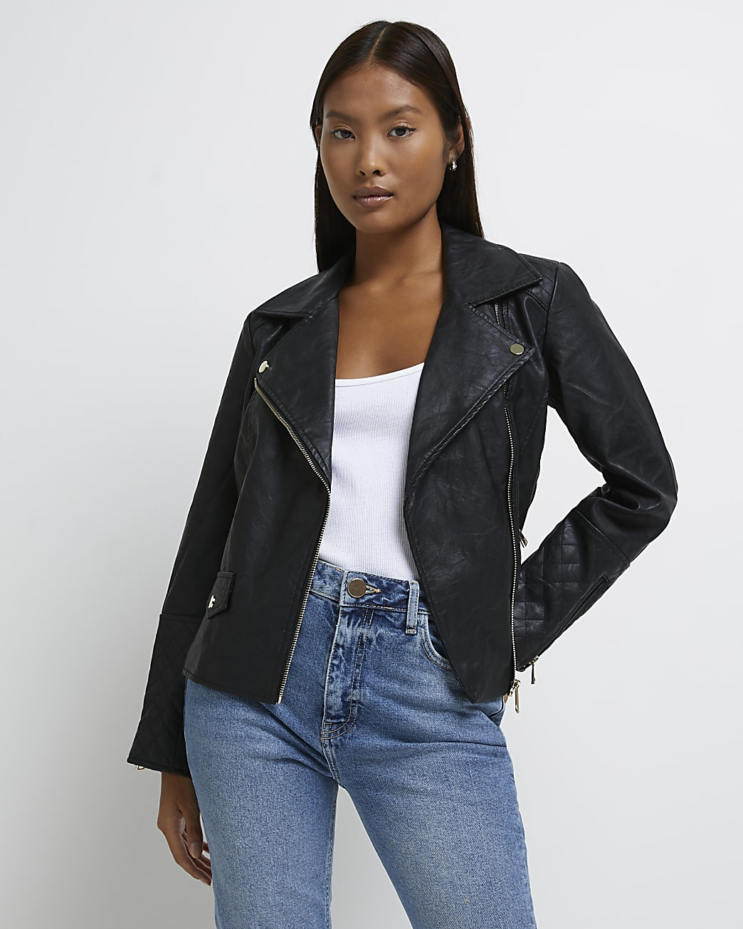 Petite black faux leather biker jacket | River Island (UK & IE)