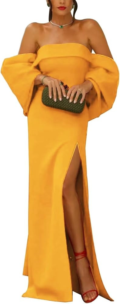 Queqiao Strapless Satin Bodycon Bridesmaid Dresses for Women Simple Bowknot Strap Prom Dress with Slit Engagement Dress Light Orange at Amazon Women\u2019s Clothing store | Amazon (US)