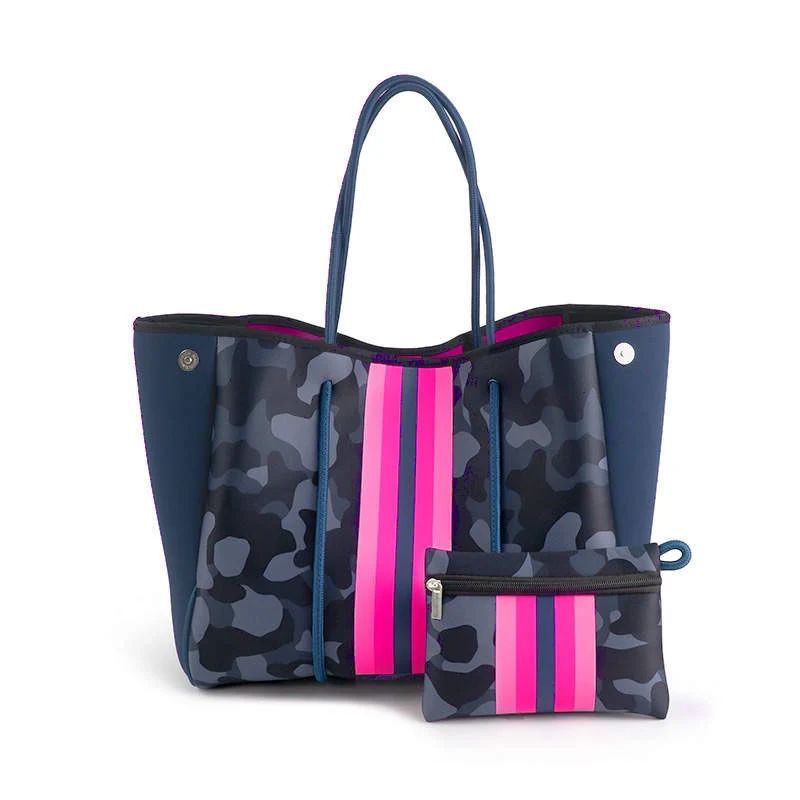 The Aniella Neoprene Tote - Blue Camo with Hot Pink Racer Stripe | Babs+Birdie