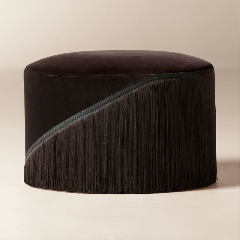 Vana Espresso Velvet Fringe Ottoman | CB2