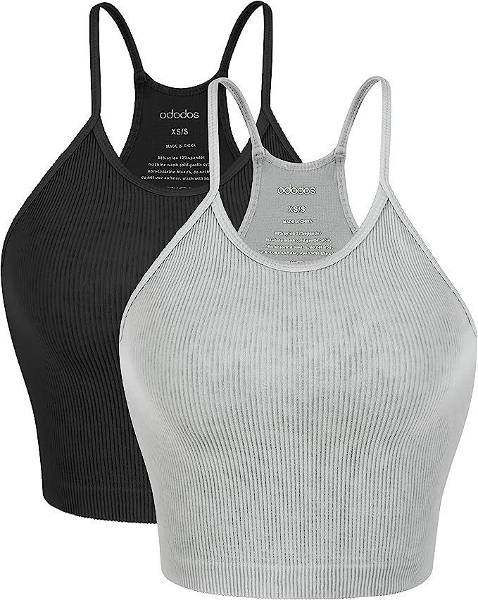 ODODOS Women's Crop 3-Pack Washed Seamless Rib-Knit Camisole Crop Tank Top | Amazon (US)