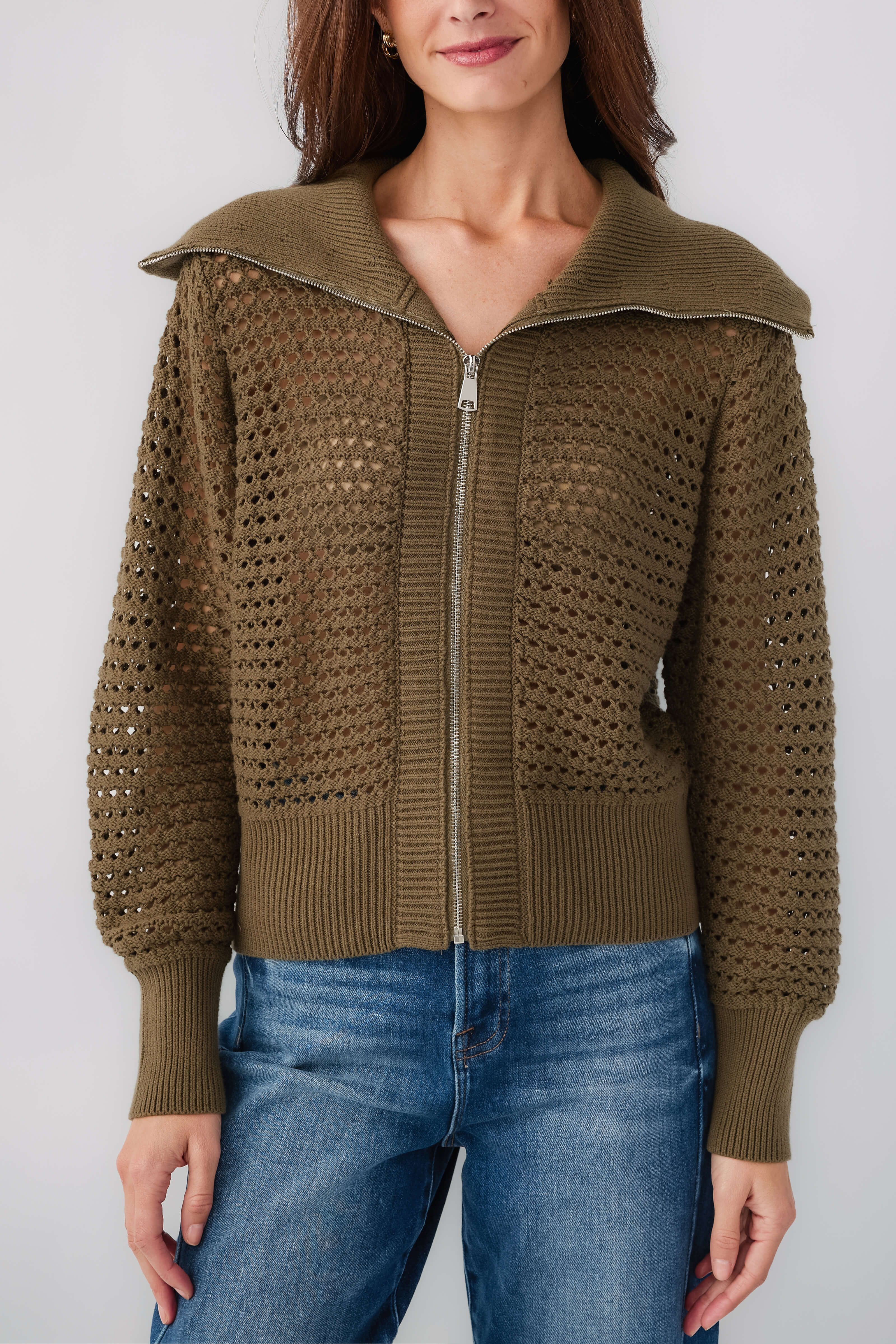 Elan Collared Crochet Zip Sweater | Social Threads