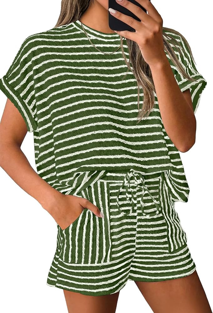 Tankaneo Womens Striped Summer 2 Piece Short Sets Short Sleeve T Shirts Drawstring Shorts Casual ... | Amazon (US)