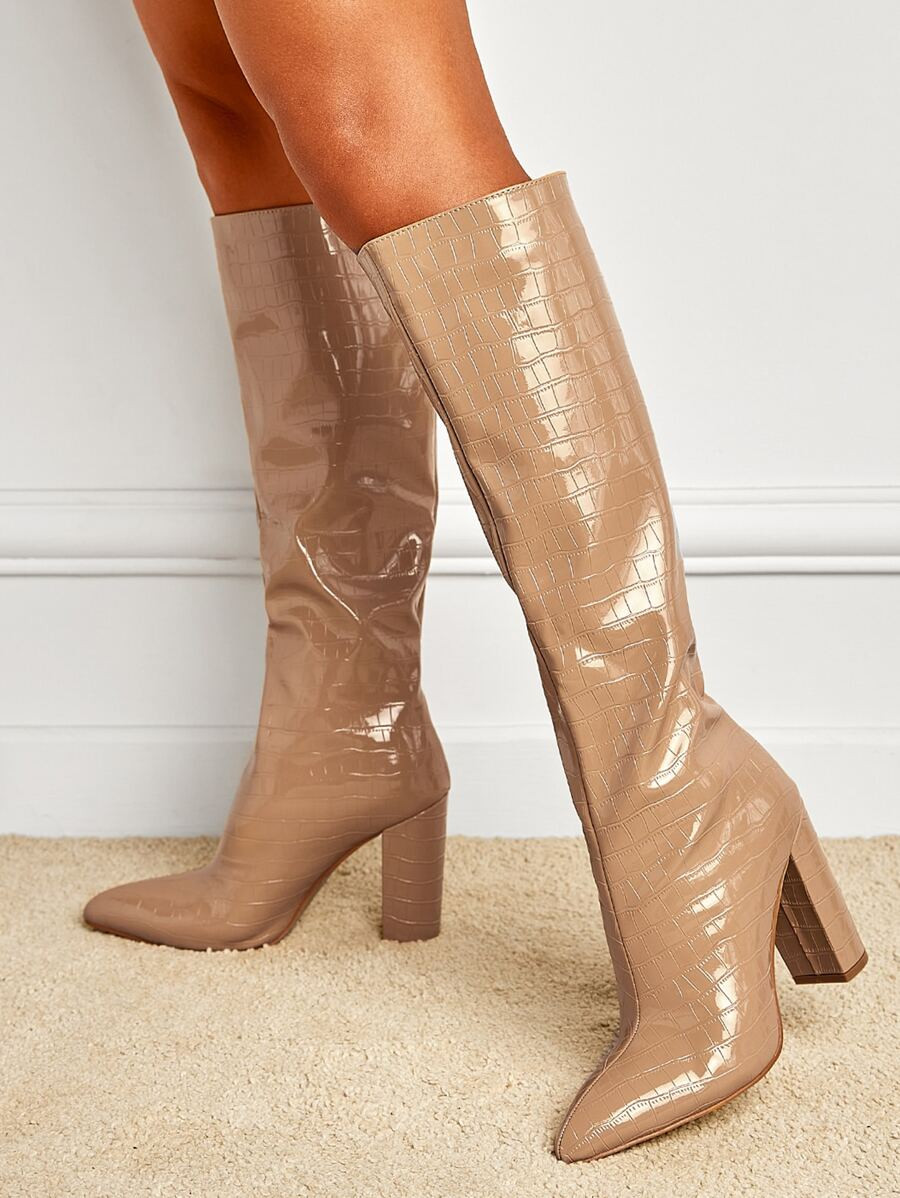 Crocodile Embossed Chunky Heeled Classic Boots | SHEIN