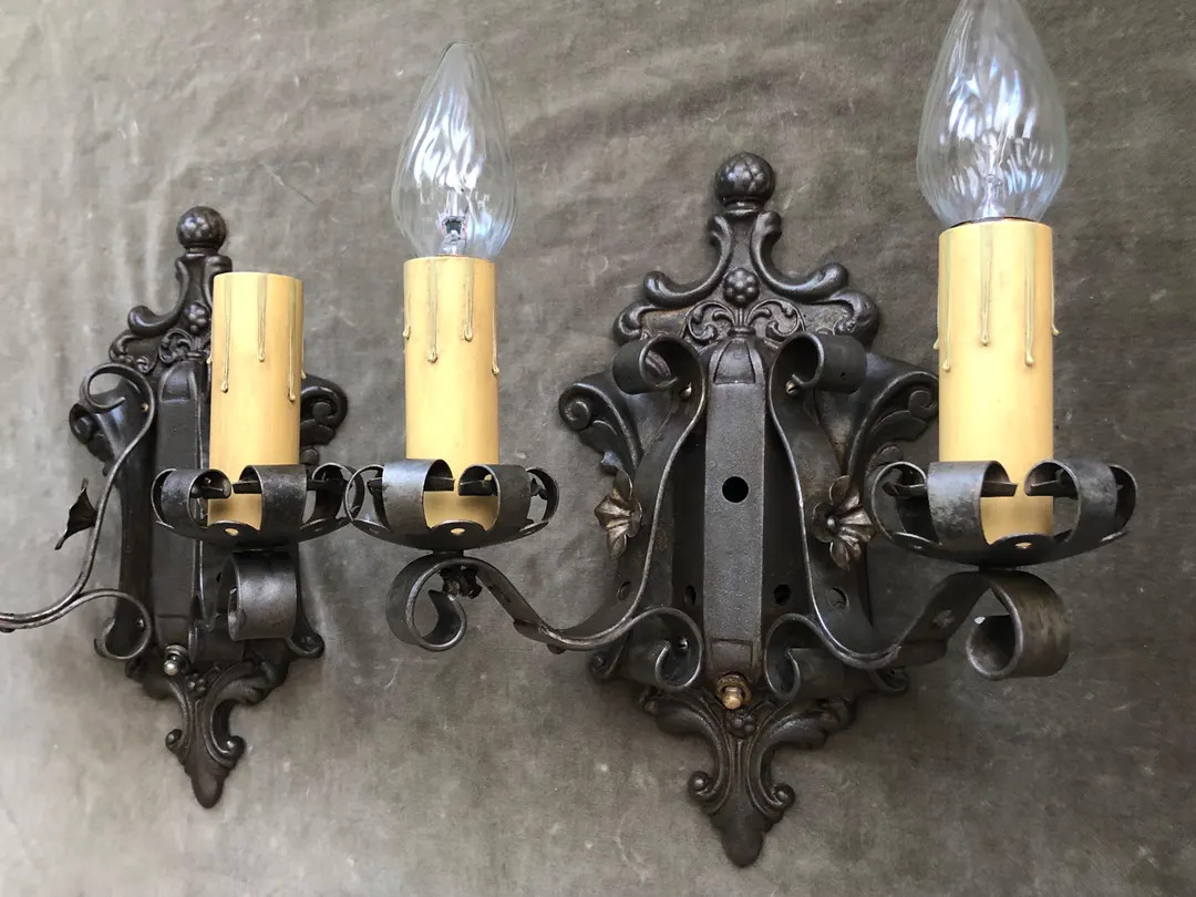 1920s Antique Cast Wrought Iron Deco Spanish Revival Tudor Gothic Double Arm Pair Set Electric Wa... | Etsy (US)