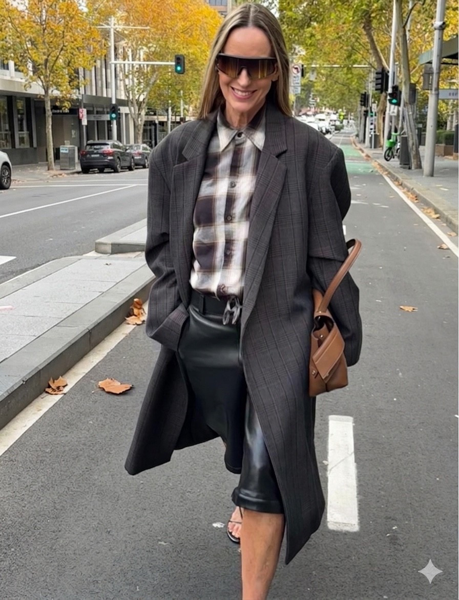 Day 3 of Fashion Week and today I’ve done another full Bassike look. I am totally loving these oversized coats. This is a brown/grey wool check and these leather shorts (actually zip off pants) are so great! And also very into checked shirts right. The pants and shorts are both on line but you’ll have to wait for the coat! 
Shoes from MNG
Bag from Tod’s
Sunglasses from Quay Eyewear

#LTKaustralia #LTKautumn #LTKwinter