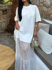 Women's Round Neck Contrast Lace Dress, Sexy Casual Knitted Fabric Dress, Summer | SHEIN