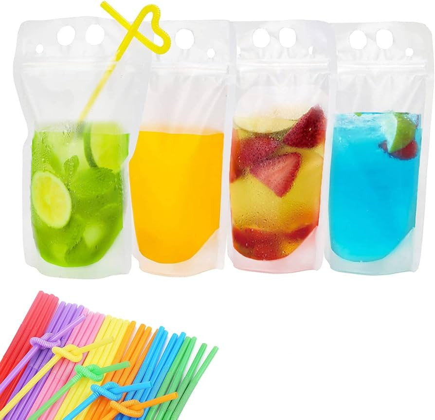 30 PCS Drink Pouches Bags with 30 Disposable Plastic Straws, Hand-held Frosted Translucent Reclos... | Amazon (US)