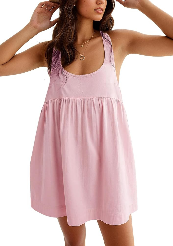 Women's Summer Babydoll Mini Dress Sleeveless Open Back Tank Scoop Neck Casual Dress with Pockets... | Amazon (US)