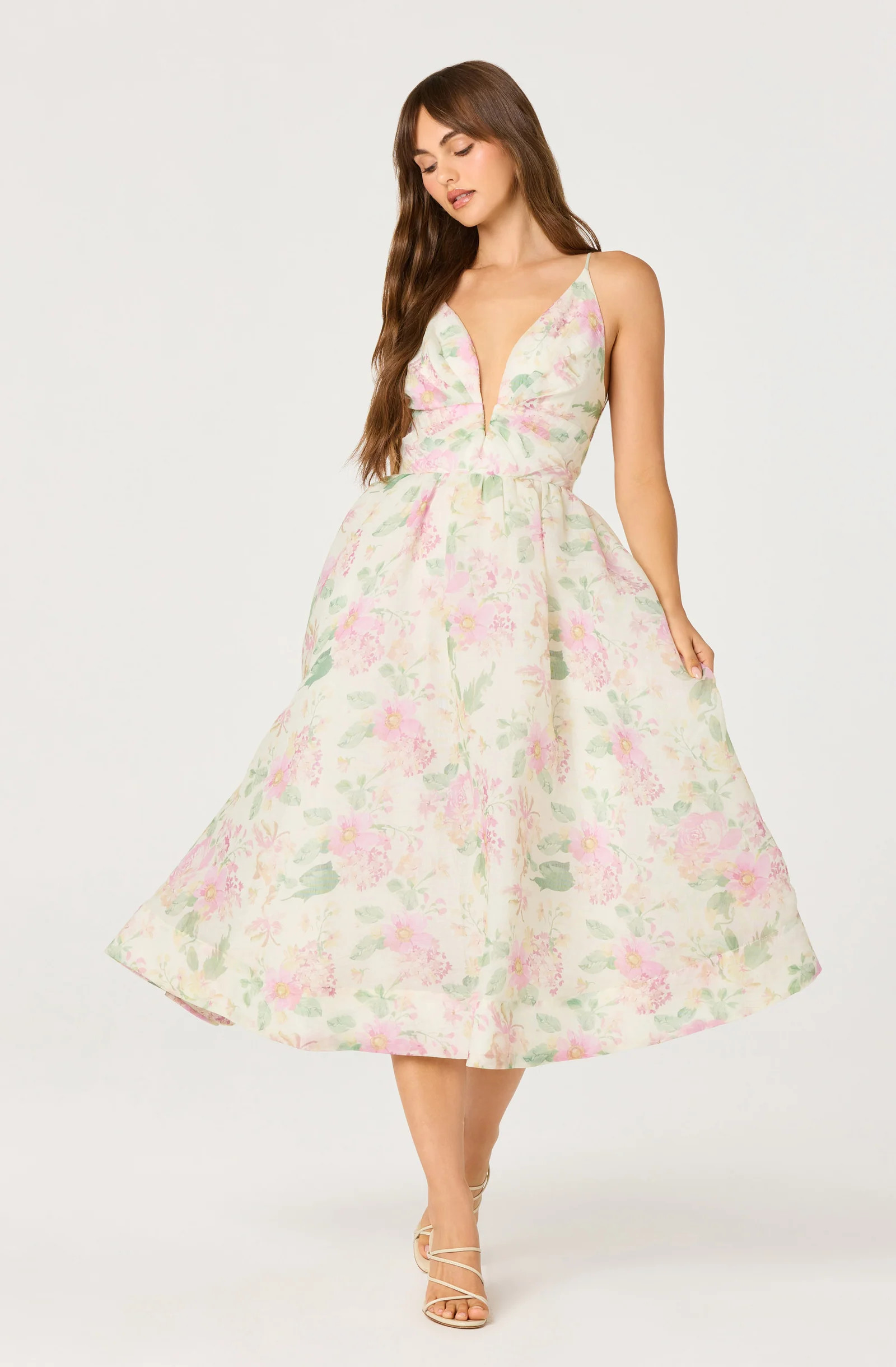 Janna Floral Plunge Midi Dress - Pink ivory floral / XS | ASTR The Label (US)