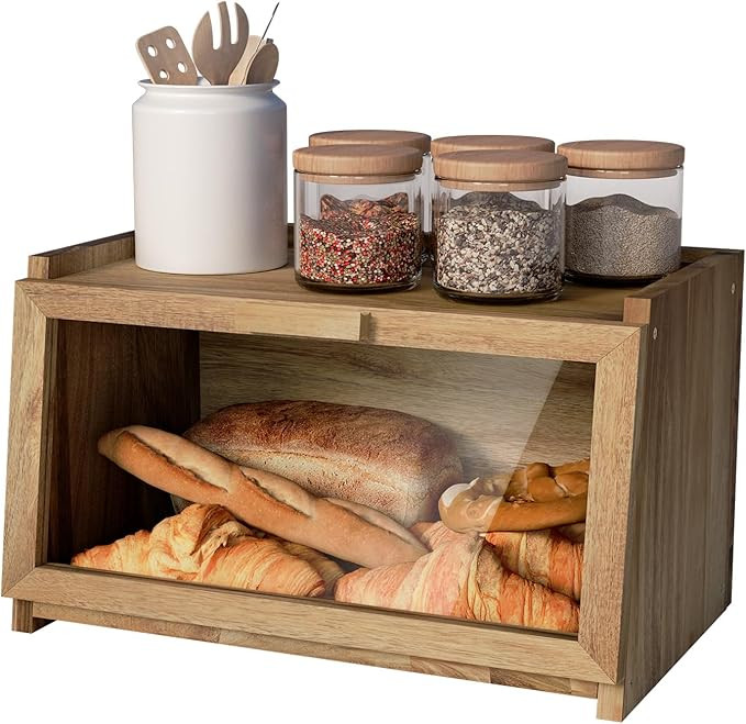 Acacia Wood Bread Box for Kitchen Countertop, Large Wooden Bread Storage Container, with Clear Wi... | Amazon (US)