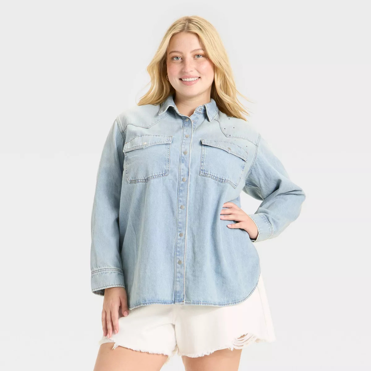 Women's Long Sleeve Star Embroidered Western Denim Shirt - Universal Thread™ Light Wash M | Target