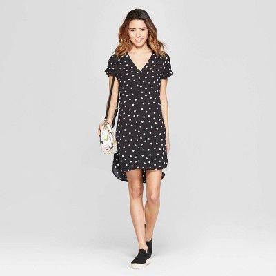 Women's Polka Dot Short Sleeve V-Neck Crepe Dress - A New Day™ Black/White | Target