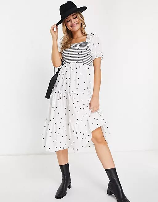 Influence ruched front tiered midi dress in white polka dot | ASOS (Global)