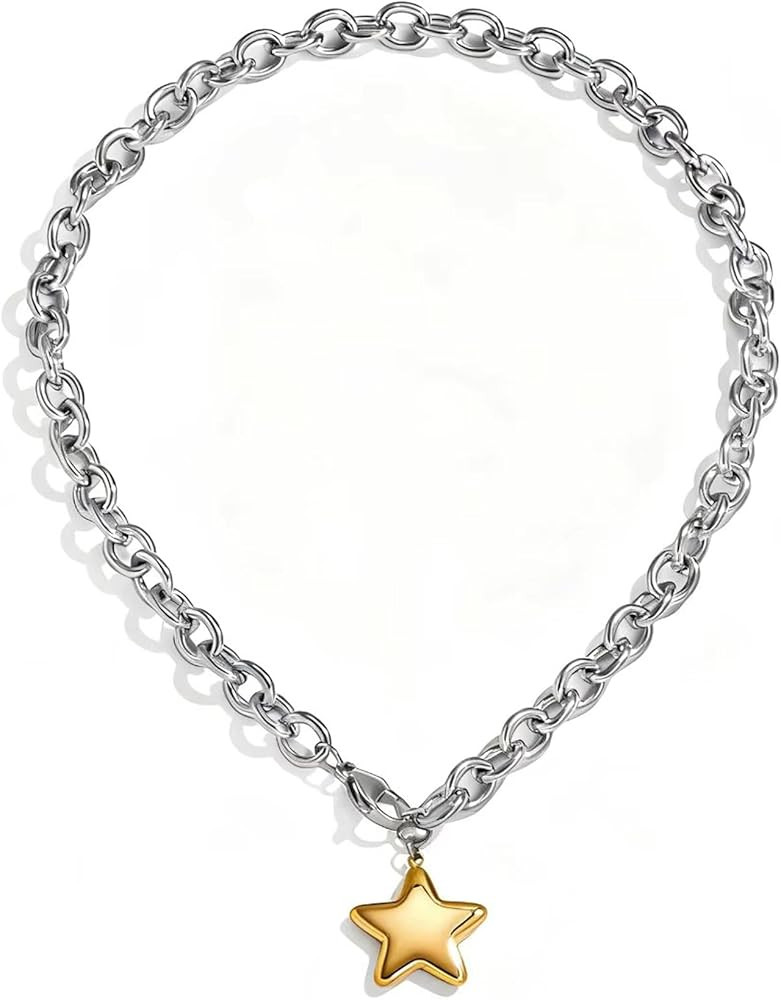 Chunky Gold Star Heart Pendant Necklace for Women Thick Chain Choker Trendy Jewelry | Amazon (US)