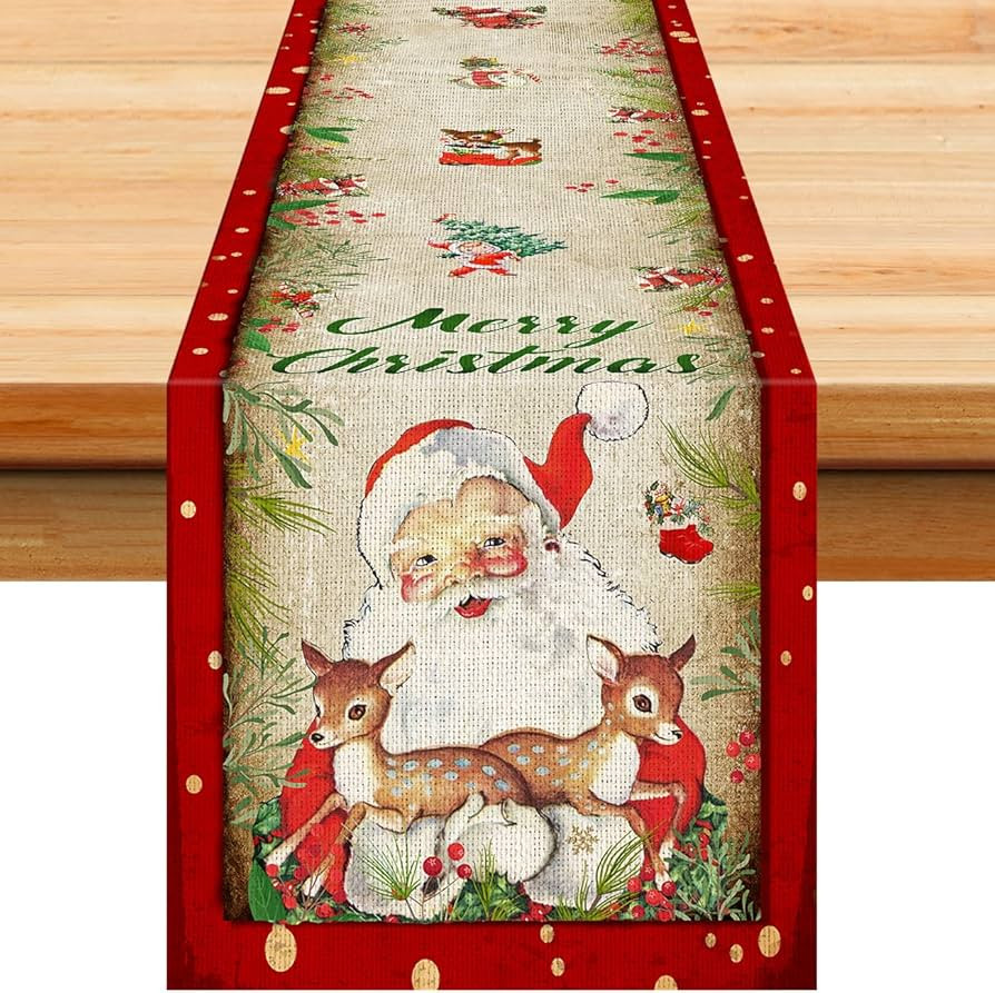 Vintage Christmas Table Runner Xmas Holiday Santa Claus Kitchen Dinner Table Decorations Merry Ch... | Amazon (US)