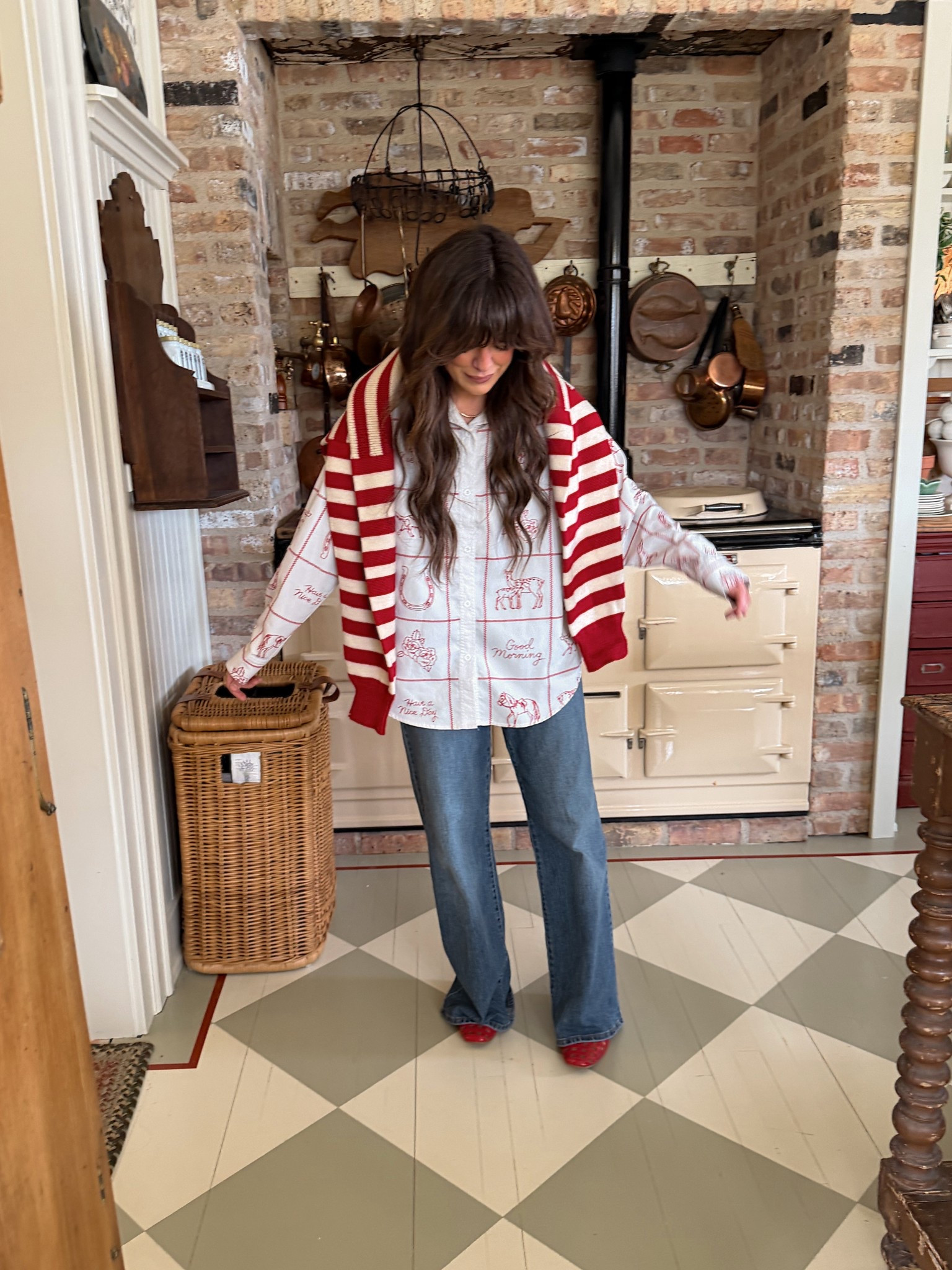 Cozy mom fit of the day - I am wearing the more affordable option. This one is printed and not stitched, but super cute! I have the high ended option in blue and love that shirt so much. I am wearing a large here. The shoes are not available, but I linked similar options that I have. The sweater is a vintage flag sweater. 

#LTKootd #LTKgrwm #LTKmomlife