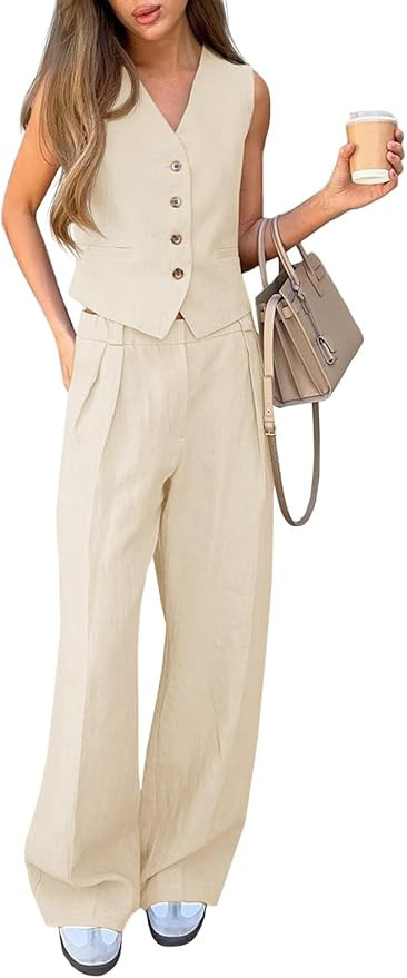 Cicy Bell Women's 2 Piece Outfits V Neck Crop Vest Blazer and Wide Leg Suit Pants Sets | Amazon (US)