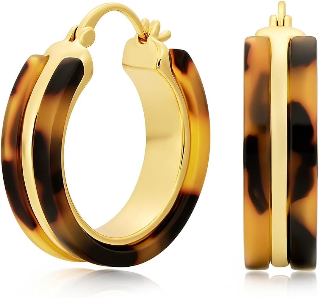 Chunky Hoop Earrings for Women 18K Gold Plated Leopard Hoop Sterling Silver Post Lightweight Resin Tortoise Shell Hoops Vintage Small Chunky Earrings | Amazon (US)