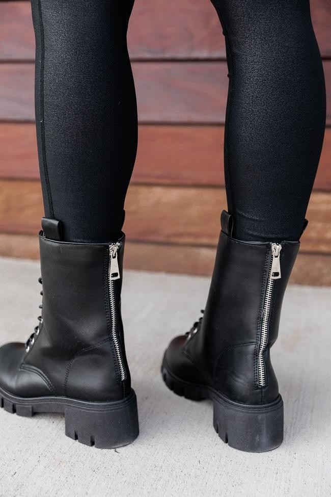 Trina Black Leather Combat Boots | The Pink Lily Boutique