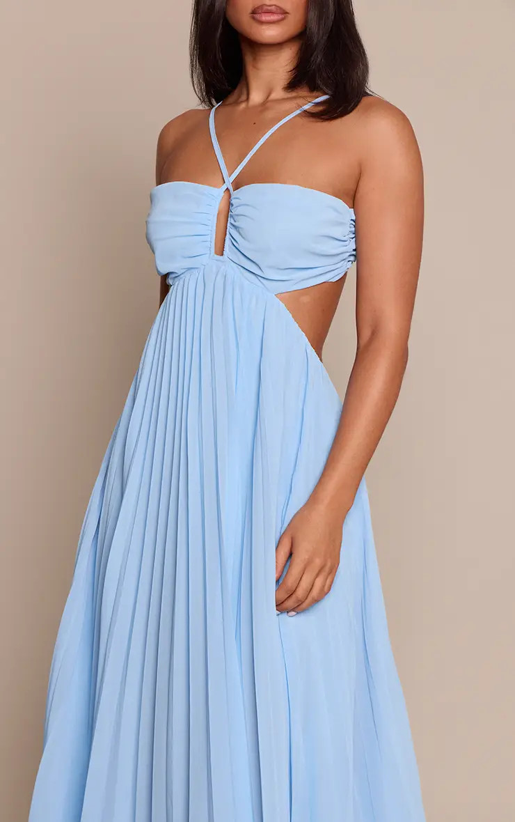 Blue Pleated Tie Front Cut Out Waist Bandeau Maxi Dress | PrettyLittleThing USA | PrettyLittleThing US