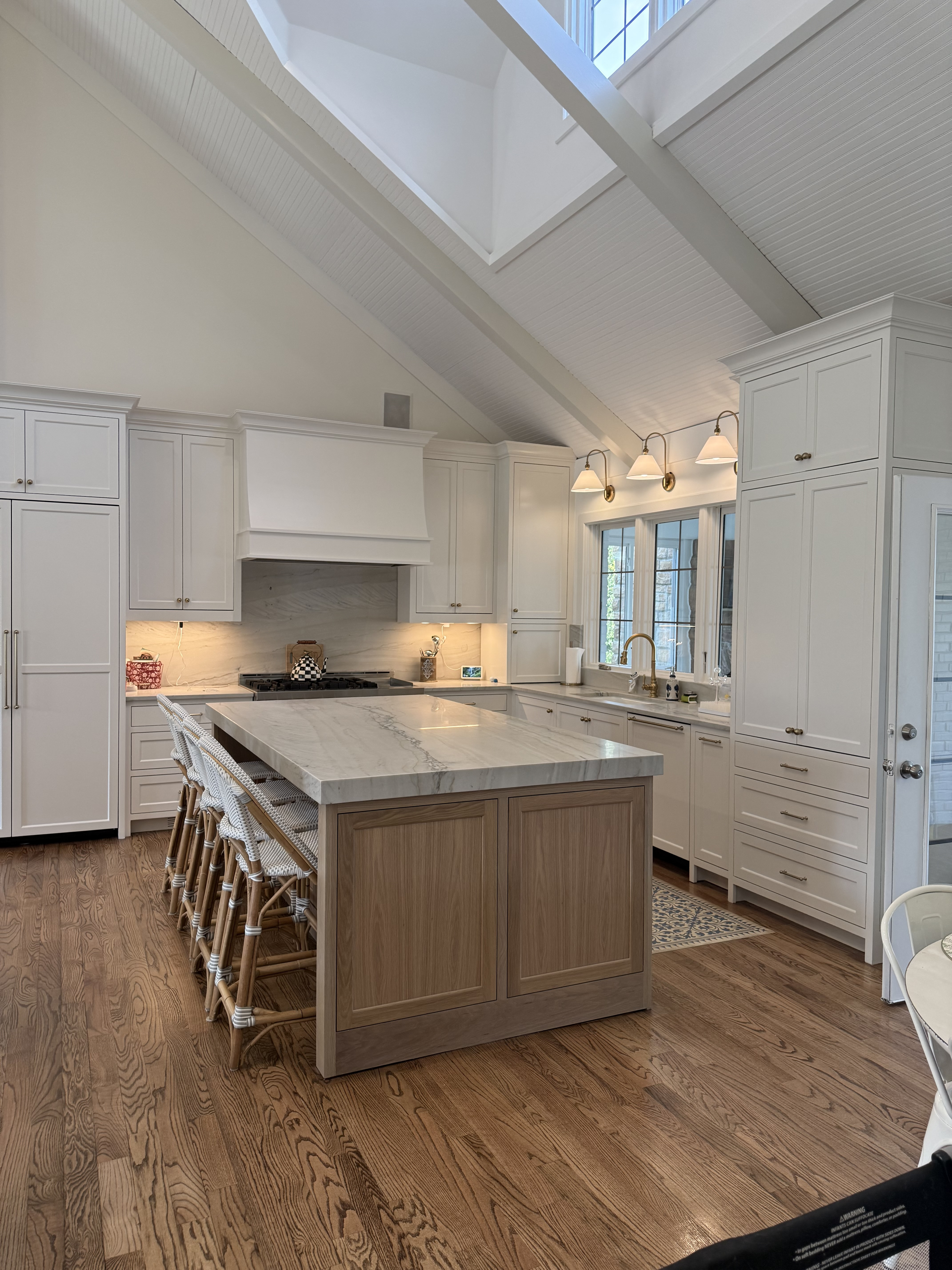Kitchen renovation almost complete! Cabinet color - dove wing 
Wall color - simply white 
Ceiling - Chantelle lace 
Countertops - Denali quartzite 
White oak island 
Floor stain color - provencial no Waterpop

#LTKSaleAlert #LTKdayinmylife #LTKHome