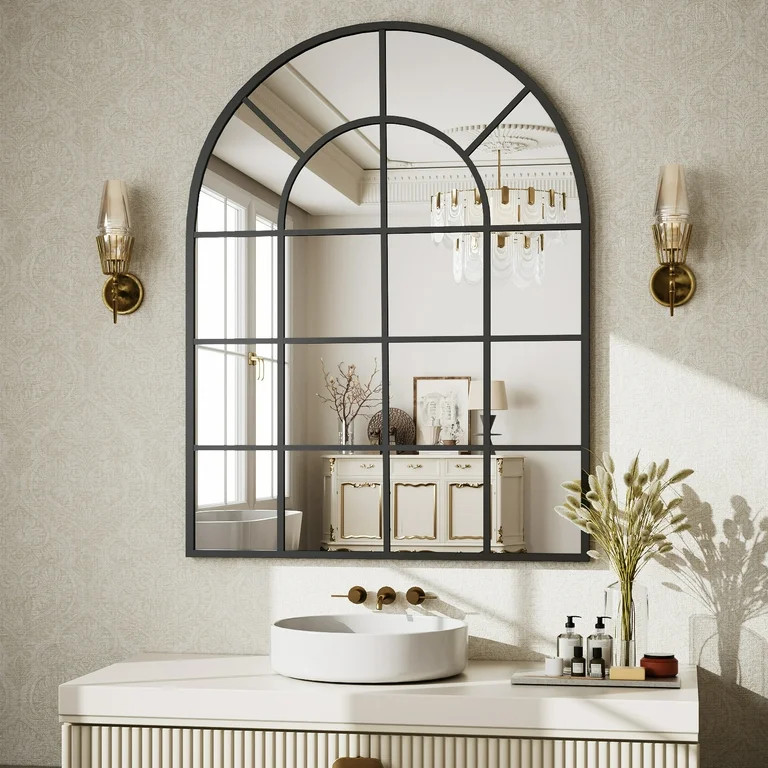 BEAUTYPEAK 40" x 30" Arched Windowpane Mirror Decor Wall Mirror, Black | Walmart (US)