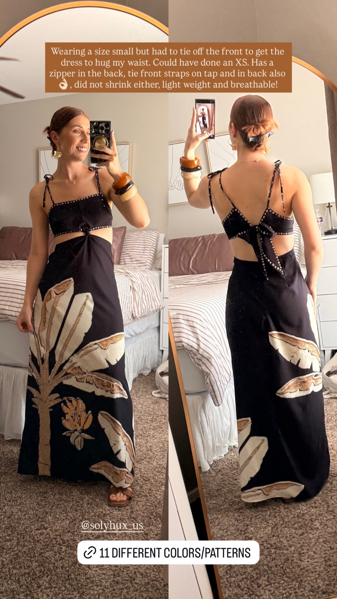 Wearing a size small but had to tie off the front to get the dress to hug my waist. Could have done an XS. Has a zipper in the back, tie front straps on tap and in back also 👌🏻, did not shrink either, light weight and breathable! 

Sandals tts, bracelets for tiny hands only, jewelry hypoallergenic.

#LTKootd #LTKSeasonal #LTKPetite
